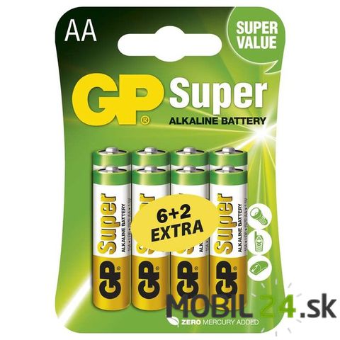 Batéria GP Super alkalická AA, 6+2 ks