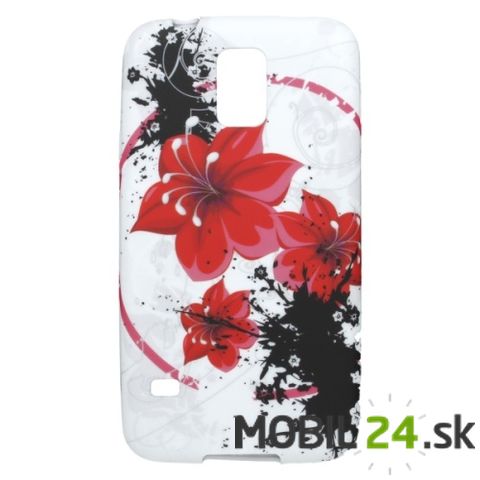 Puzdro na Samsung Galaxy S5 (i9600) gumené biele s červenými kvetmi